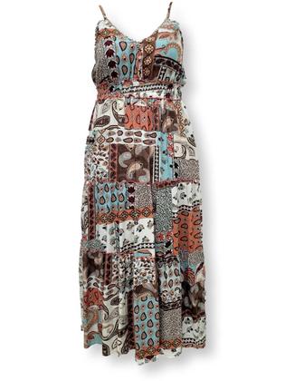 Imagem de Vestido Indiano Longo de Alça Estampada com Elástico e Fenda