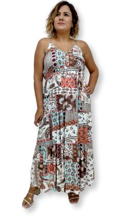 Imagem de Vestido Indiano Longo de Alça Estampada com Elástico e Fenda