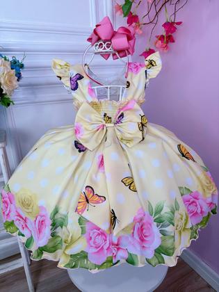 Imagem de Vestido Infantil Amarelo Jardim das Borboletas Cinto Pérolas Luxo Festa