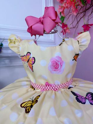 Imagem de Vestido Infantil Amarelo Jardim das Borboletas Cinto Pérolas Luxo Festa