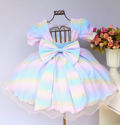 Imagem de Vestido Infantil Arco Íris Unicórnio Luxo Com Tiara
