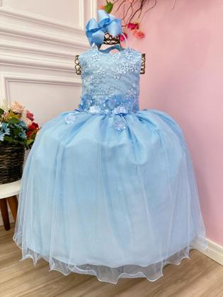 Imagem de Vestido Infantil Azul Bebê C/ Renda e Apliques Pérolas Damas festa 4563AZ