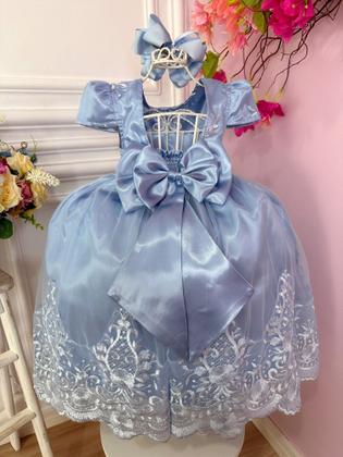 Imagem de Vestido Infantil Azul C/ a Renda Realeza e Cinto de Pérolas Luxo Festa 2259AZ