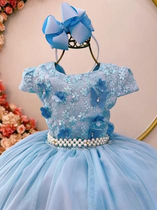 Imagem de Vestido Infantil Azul Damas com Renda e Aplique Borboletas Luxo Festa 4532AZ