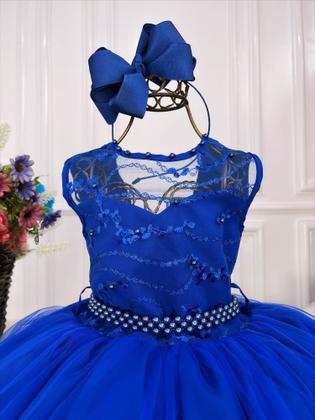 Imagem de Vestido Infantil Azul Royal Damas C/ Renda Cinto de Pérolas Luxo Festa 4341AJ