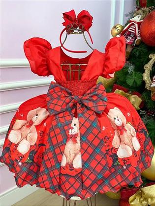 Imagem de Vestido infantil Banana Club Vermelho Ursinho Flores Natal