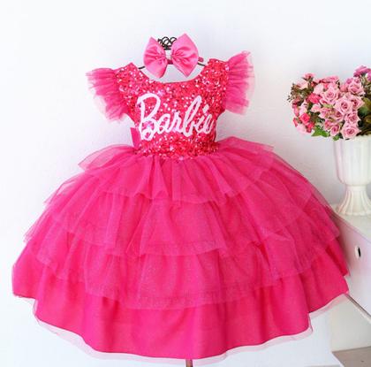 Imagem de Vestido Infantil Barbie Pink Luxo Com Tiara