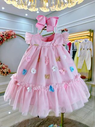 Imagem de Vestido Infantil Bebê Rosa Bebê Jardim Encantado Luxo