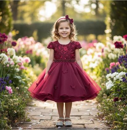 Imagem de Vestido Infantil Bordado Festa Borboletas Luxo Aniversário