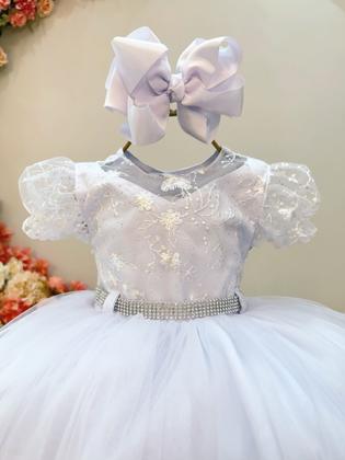 Imagem de Vestido Infantil Branco Busto Com Renda Daminhas Batizados