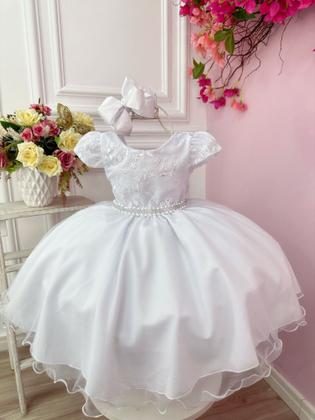 Imagem de Vestido Infantil Branco Com Cinto de Pérolas Strass Luxo Festas 4035BV