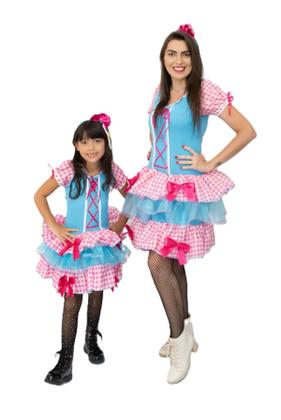 Imagem de Vestido Infantil Caipira Rosa e Azul Xadrez Junino com Arco