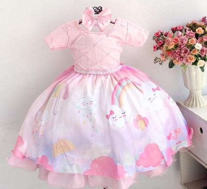 Imagem de Vestido Infantil Chuva De Amor Bençao Nuvem Com Tiara