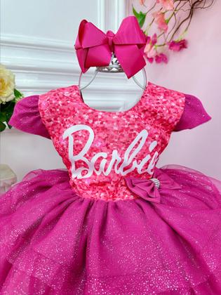 Imagem de Vestido infantil da Barbie Pink C/ Aplique Laço Saia Glitter luxo festa RO2009PK
