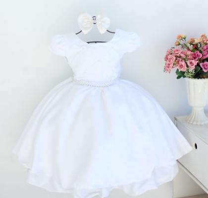 Imagem de Vestido Infantil Daminha Batizado Branco Luxo E Tiara