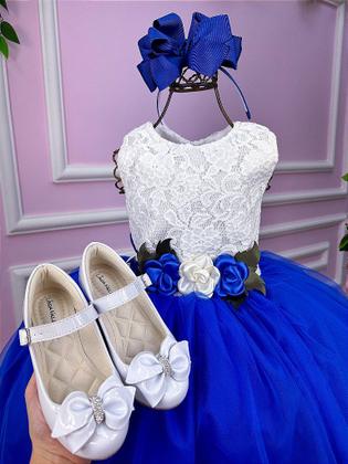 Imagem de Vestido Infantil Daminha Midi Florista Jardim Encantado Azul Royal e Off - Tecido Renda e Tule