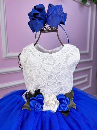 Imagem de Vestido Infantil Daminha Midi Florista Jardim Encantado Azul Royal e Off - Tecido Renda e Tule