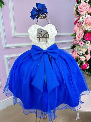 Imagem de Vestido Infantil Daminha Midi Florista Jardim Encantado Azul Royal e Off - Tecido Renda e Tule