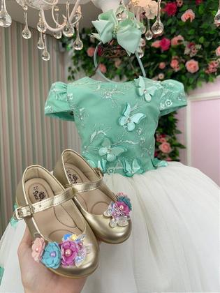 Imagem de Vestido Infantil Daminha Midi Florista Jardim Encantado Verde Oliva e Off - Confeccionado em Tecido Misto