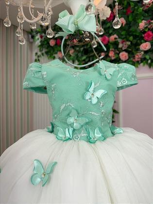 Imagem de Vestido Infantil Daminha Midi Florista Jardim Encantado Verde Oliva e Off - Confeccionado em Tecido Misto