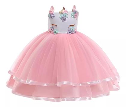 Imagem de Vestido Infantil de Festa Aniversário Temático Fantasia de Unicórnio Rosa Colorido Luxo + Asa e Tiara