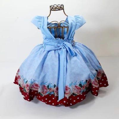 Imagem de Vestido Infantil de Festa Busto com Strass e Cinto com Pérolas Floral Azul