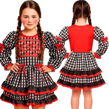 Imagem de Vestido Infantil de Festa Junina pra Menina Xadrez Preto Manga Longa e Coração Vermelho