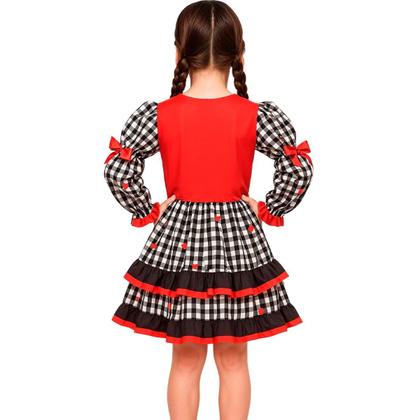 Imagem de Vestido Infantil de Festa Junina pra Menina Xadrez Preto Manga Longa e Coração Vermelho