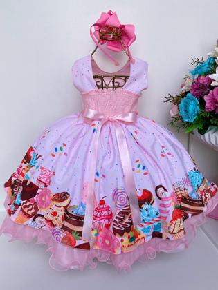 Imagem de Vestido Infantil Doces Doceria Confeitaria Rosa Luxo