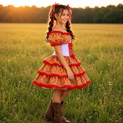 Imagem de Vestido Infantil e Juvenil de Festa Junina Luxo Super Rodado Com Corselet e Babados Caipira 2 a 16 anos