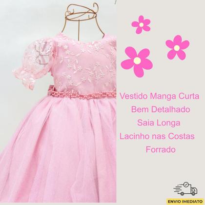 Imagem de Vestido Infantil Festa Luxo Manga Curta Renda Pérolas Tule