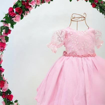 Imagem de Vestido Infantil Festa Luxo Manga Curta Renda Pérolas Tule