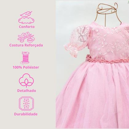 Imagem de Vestido Infantil Festa Luxo Manga Curta Renda Pérolas Tule