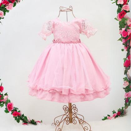 Imagem de Vestido Infantil Festa Luxo Manga Curta Renda Pérolas Tule