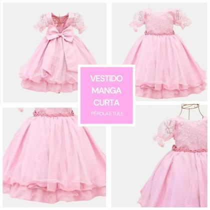 Imagem de Vestido Infantil Festa Luxo Manga Curta Renda Pérolas Tule