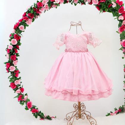 Imagem de Vestido Infantil Festa Luxo Manga Curta Renda Pérolas Tule