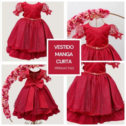 Imagem de Vestido Infantil Festa Luxo Manga Curta Renda Pérolas Tule