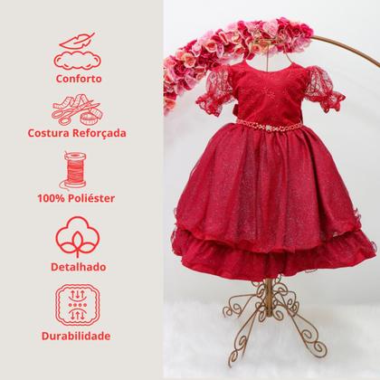 Imagem de Vestido Infantil Festa Luxo Manga Curta Renda Pérolas Tule