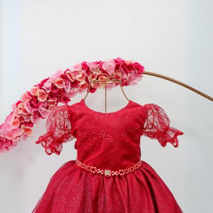 Imagem de Vestido Infantil Festa Luxo Manga Curta Renda Pérolas Tule