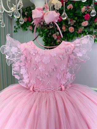 Imagem de Vestido Infantil Festa Rosa Jardim Encantado Luxo - Tecido Tafeta