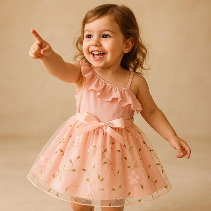 Imagem de Vestido Infantil Festa Rosa Tule Floral e Babados 2 a 6 anos