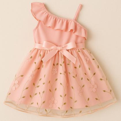 Imagem de Vestido Infantil Festa Rosa Tule Floral e Babados 2 a 6 anos