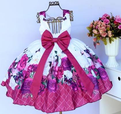 Imagem de Vestido Infantil Floral Marsala Luxo E Tiara