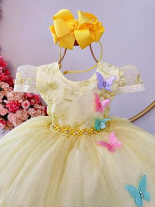 Imagem de Vestido Infantil Jardim Encantado Amarelo Aplique Borboletas Luxo Festa