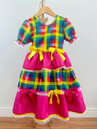 Imagem de Vestido Infantil Junino Caipira Arraiá Pink Xadrez Colorido com Laços Decorativos