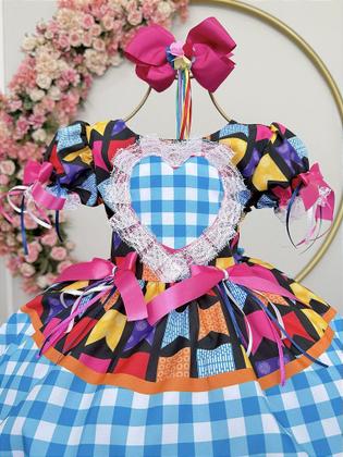 Imagem de Vestido Infantil Junino Caipira Azul Xadrez Quadrilha Luxo - Tamanho Variado