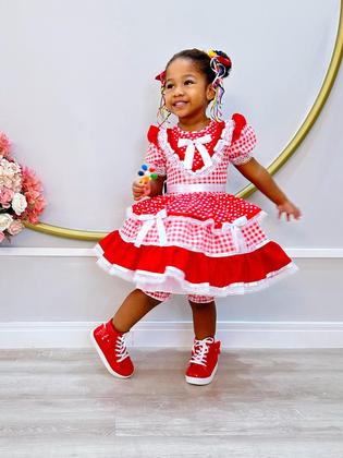 Imagem de Vestido Infantil Junino Vermelho Xadrez Com Babados Luxo