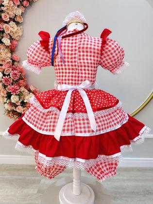 Imagem de Vestido Infantil Junino Vermelho Xadrez Com Babados Luxo