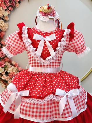 Imagem de Vestido Infantil Junino Vermelho Xadrez Com Babados Luxo