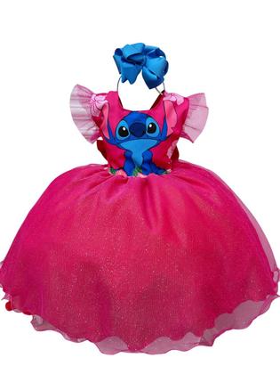 Imagem de Vestido Infantil Lilo e Stitch Pink Com Glitter Festas